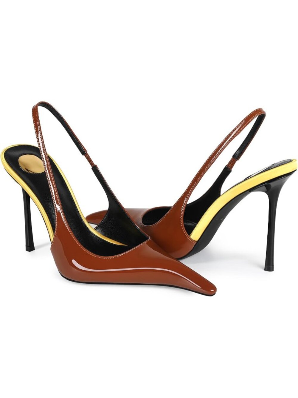 Women's Brown Patent Leather Pointed Close Toe Stiletto High Heels Backless - Picture 4 of 7